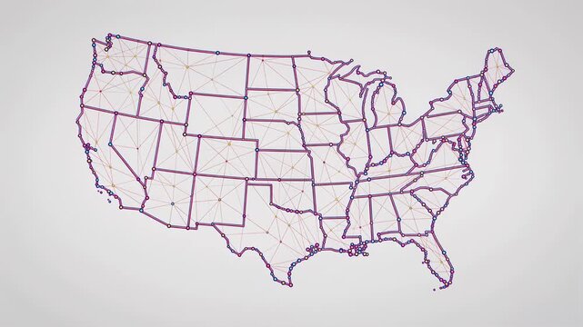 United States network map animation with colorful nodes and connecting lines forming a digital data visualization 