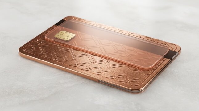 Engraved copper credit card featuring microchip and magnetic stripe, engraved
