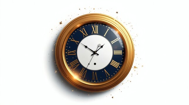 Elegant gold framed clock with Roman numerals and sparkling confetti