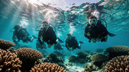 Fototapeta premium Group of scuba divers swim near coral reef in clear blue ocean water. People wear diving gear, mask to explore marine life. Sunlight shines from surface through bubbles as divers enjoy underwater