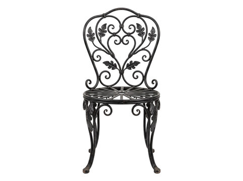 Vintage wrought iron garden chair with ornate scrollwork leaf pattern isolated on black background for outdoor patio furniture design, antique metal seating element, classic bistro decor.