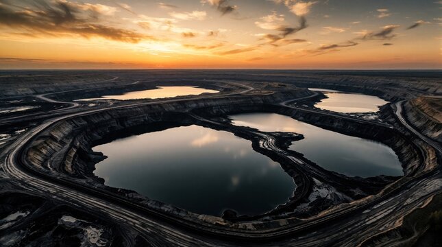 Aerial view of vast tar sands mine pits filled with water during sunset. Industrial scars scar the earth under an orange sky showing scale of resource extraction.