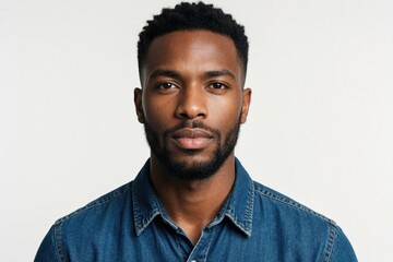 Fototapeta premium Young African man with afro hairstyle wears denim shirt in studio. Portrait of handsome guy looking at camera against light backdrop, modern male style.