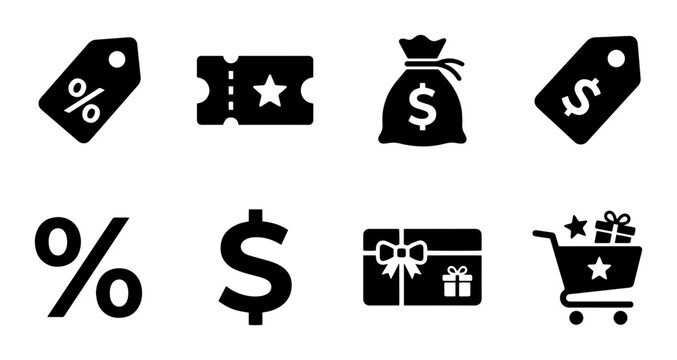 Black and White Commerce Icons: Shopping Tags, Money Bag, Gift Card, Shopping Cart, Percent, Dollar Sign
