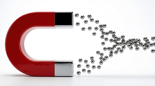 Horseshoe-shaped electromagnet lifts metal balls against white backdrop. Strong magnetic force pulls decorative spheres in dynamic upward motion. Pro studio rendering displays scientific concept of