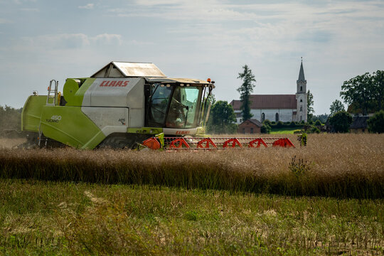 TRIKATA, LATVIA &ndash; AUGUST 15, 2026: CLAAS Tucano 450 harvests oilseed rape with Trikata Lutheran Church in the background