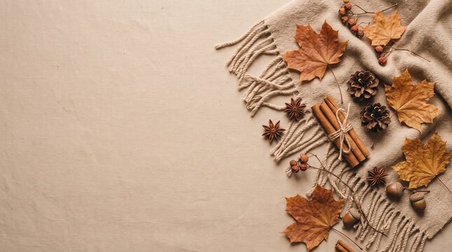 Autumn aesthetic concept. Top view photo of yellow maple leaves cinnamon sticks anise pine cones and scarf on isolated beige background with empty space