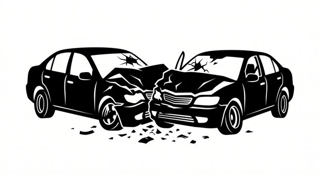 Head on collision silhouette, car crash icon, auto accident damage, vehicle smash concept