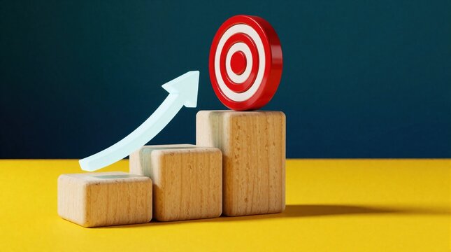 Wooden blocks stacked upward, green arrow ascending, red target on top symbolizing growth. Business success, goal achievement, progress symbolism.