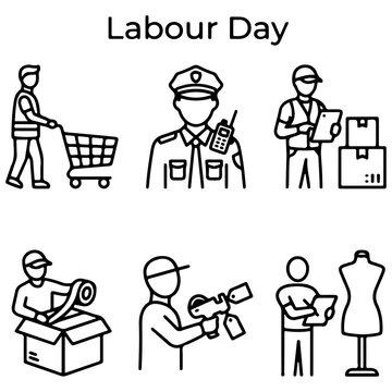 Labour day shipping and warehouse workers outline vector icons set featuring courier security guard packer and merchandise manager, shipping