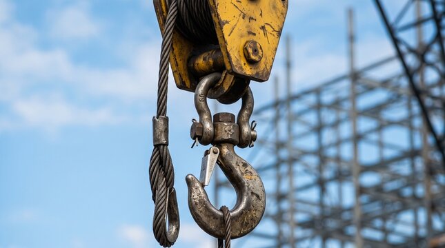 Industrial Yellow Crane Hook and Heavy Duty Steel Cable at a Construction Site with Blue Sky
