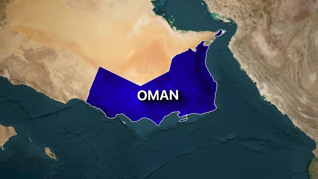 Satellite map animation zooming into the Arabian Peninsula to highlight the territory of Oman