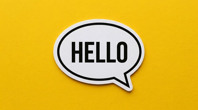 White speech bubble with black hello text on a solid yellow background bubble icon chat bubble