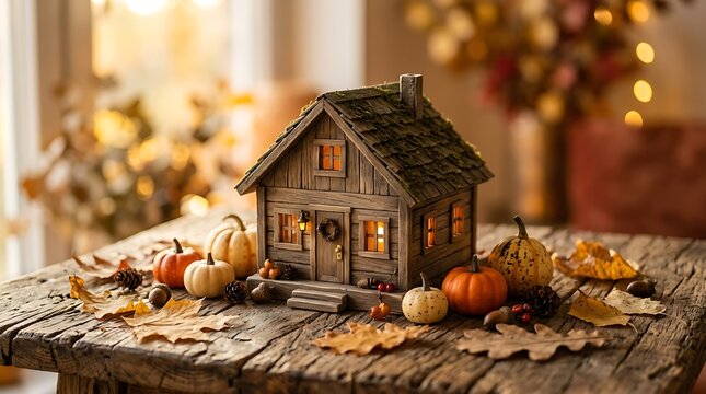 Miniature wooden house model surrounded by small pumpkins and autumn leaves on rustic wooden table