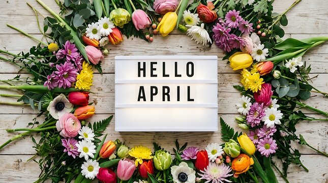 Hello april lightbox sign surrounded by colorful spring flowers frame on wooden background