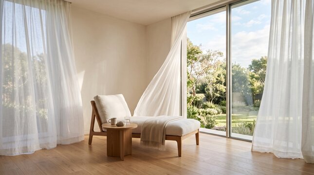 Bright minimalist living room interior with lounge chair and large glass window view