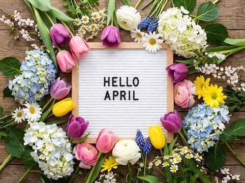 Hello april message on letter board surrounded by colorful spring flowers and wooden background