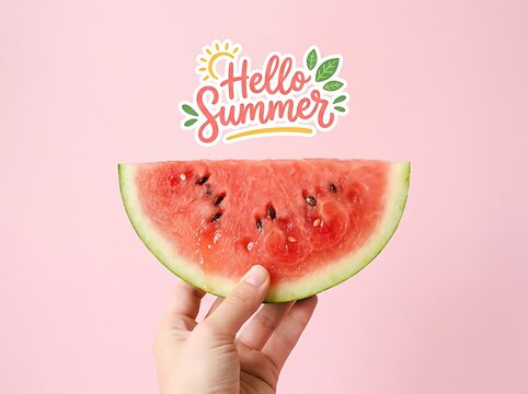 Hello summer greeting sticker above hand holding a fresh watermelon slice on pink background