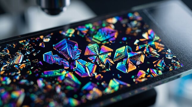 Colorful polarized light crystals viewed through laboratory microscope