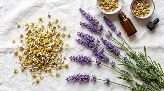 Dried chamomile flowers and fresh lavender sprigs for aromatherapy