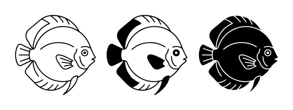 Three Stylized Fish Icons: Outline, Silhouette, and Filled, Aquatic Animal Vector Art