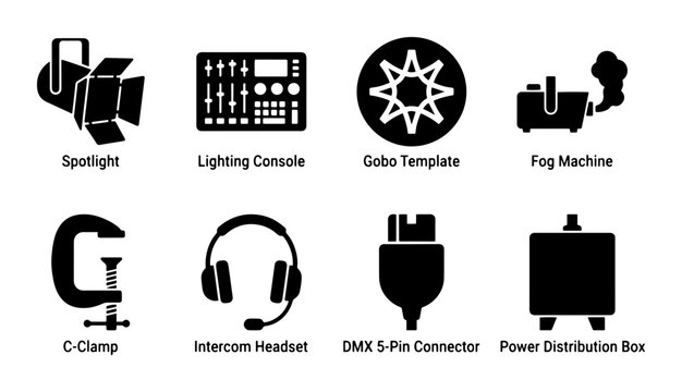 Stage Lighting Equipment Icons: Spotlight, Console, Gobo, Fog Machine, Clamp, Headset, DMX, Power Box