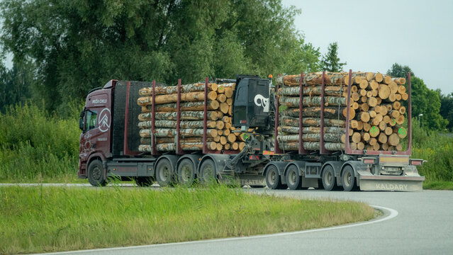 VALMIERA, LATVIA &ndash; AUGUST 15, 2026: Meža Cikls timber truck carries a full load of cut logs along a curved rural road