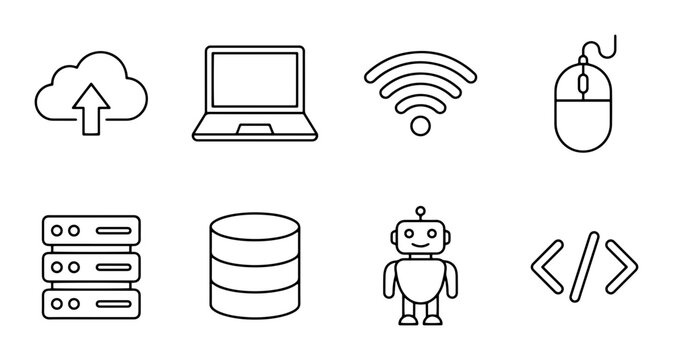 Technology icons: cloud upload, laptop, WiFi, mouse, servers, database, robot, code for UI and web interface design