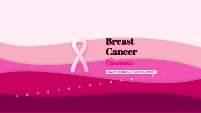 Breast cancer awareness animated banner with pink ribbon and paper cut wave background