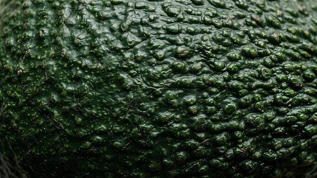 Close-up textured surface of a ripe avocado skin, showing the bumpy dark green exterior of the fruit in a macro shot.