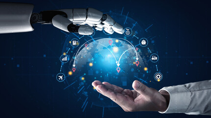Futuristic Concept of Human and Robot Collaboration Showcasing Global Connectivity and...