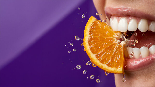 Radiant smile biting into a juicy orange slice with refreshing liquid droplets sparkling against a vibrant purple background