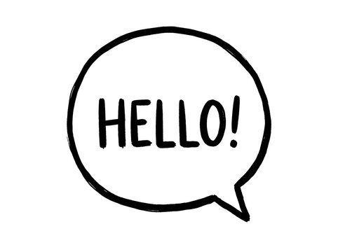 Black and white hand drawn hello speech bubble doodle illustration with communication, dialogue