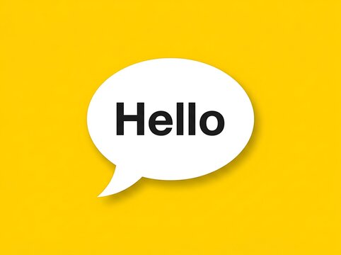 White speech bubble with hello text on solid yellow background communication dialogue