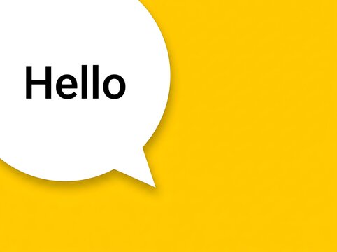 Hello speech bubble greeting text on yellow background graphic design layout with greeting, dialogue