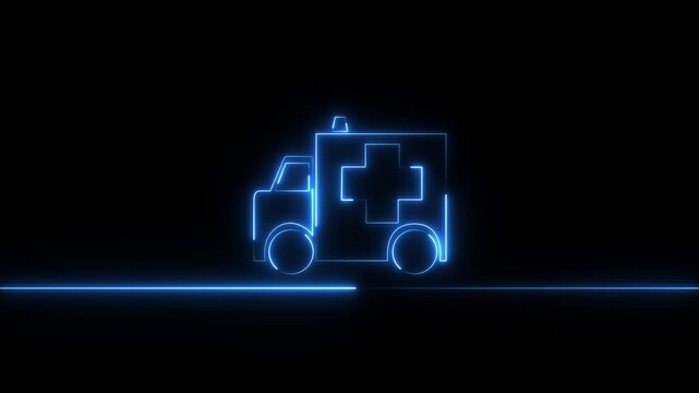 Glowing neon Ambulance and emergency car icon. black background. animation 4k video 