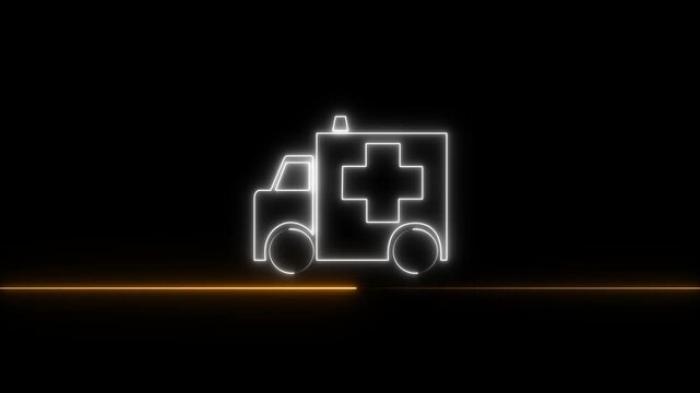 Glowing neon Ambulance and emergency car icon. black background. animation 4k video 