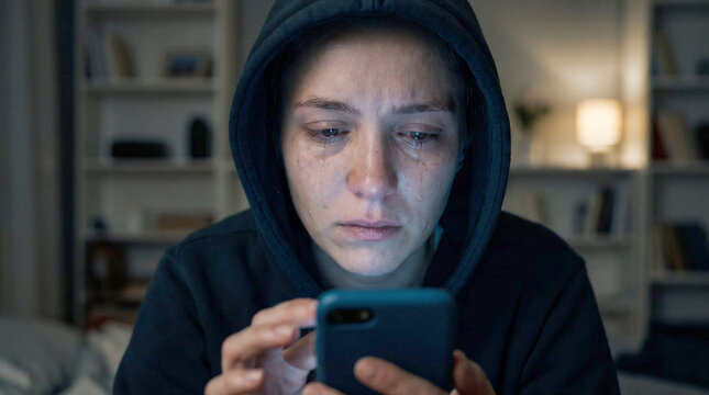 Sad and crying woman in a hoodie looking at her smartphone screen in the dark