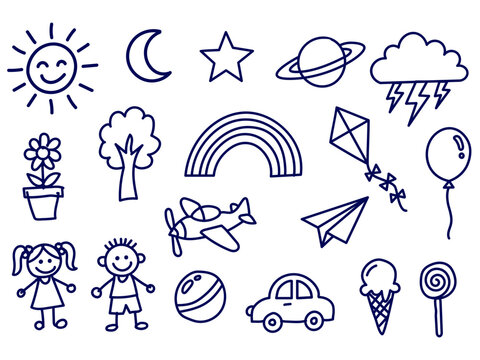 Hand drawn kids doodle icon set with sun, moon, star, planet, rainbow, kite, balloon, children, car, ice cream and more, navy blue line art vector illustration