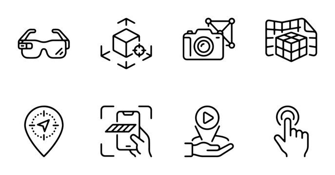 Augmented Reality Icons: VR Glasses, 3D Cube, Camera, Map, Navigation, Phone Scan, Location Pin, Touch