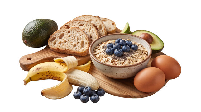 Healthy breakfast layout with oatmeal bowl sliced bread as isolated object