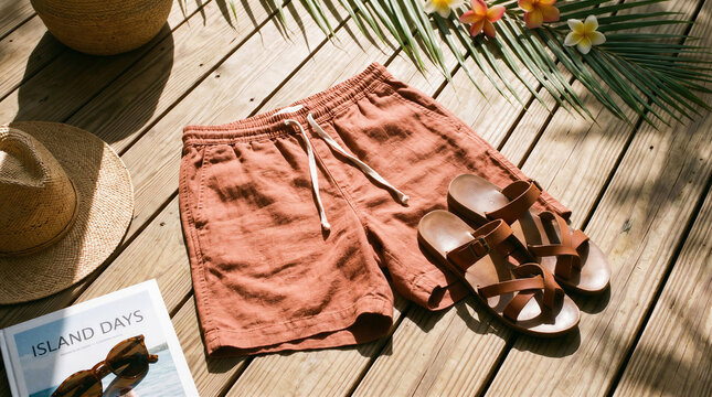 Casual linen shorts and leather sandals on a wooden deck