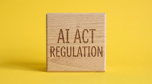 AI Act Regulation text on wooden block, artificial intelligence law and policy concept, legal compliance on yellow background