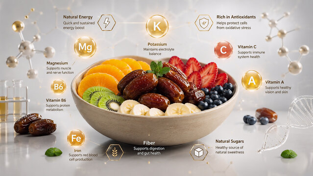 Healthy Fruit and Date Bowl Infographic Displaying Vitamins Minerals and Health Benefits