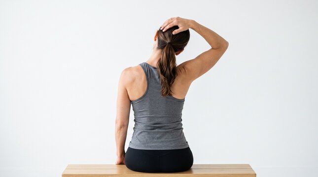 Woman doing neck stretch exercise sitting on wooden bench