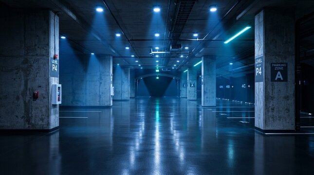 Empty Underground Parking Garage with Modern Blue Lighting