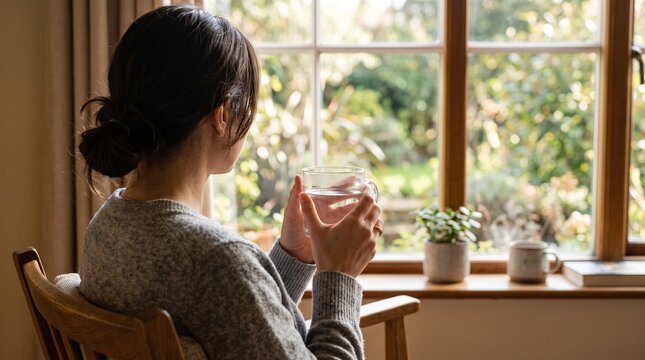Woman holding glass of water looking out of window in cozy home