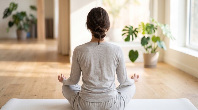 Woman meditating in lotus pose on mat inside bright room