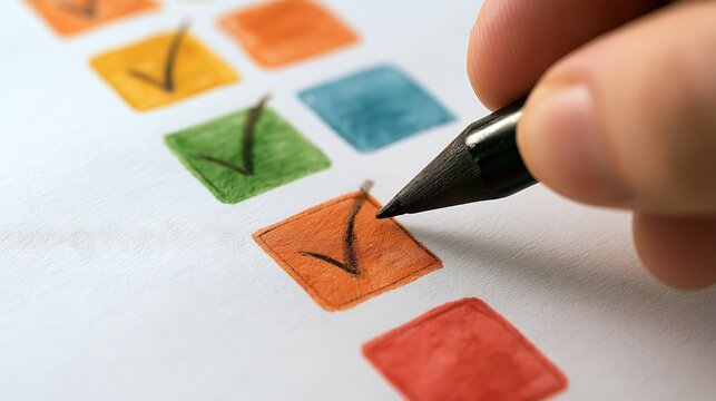 A hand holding a pencil checking off an orange box on a checklist
