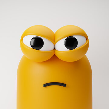 Yellow cartoon head with angry eyes isolated over white background. 3D rendering.